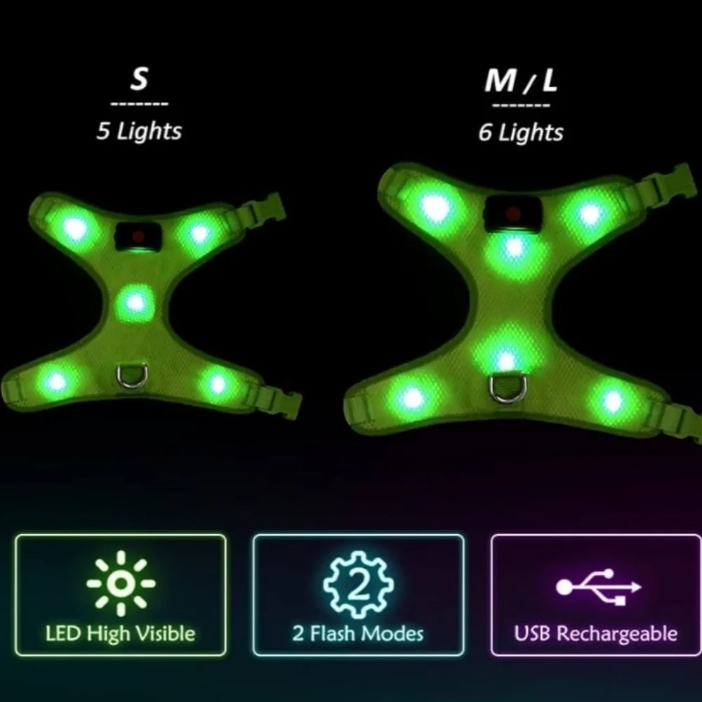 Flashseen LED USB Rechargeable Dog Harness In Neon Green Size M